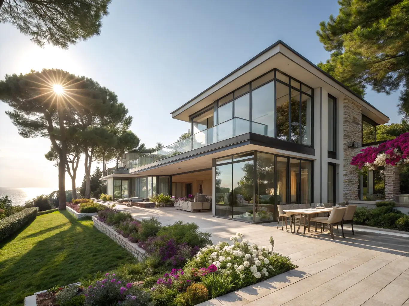 A stunning image of a luxury villa overlooking the Abu Dhabi skyline, showcasing modern architecture and lush landscaping.