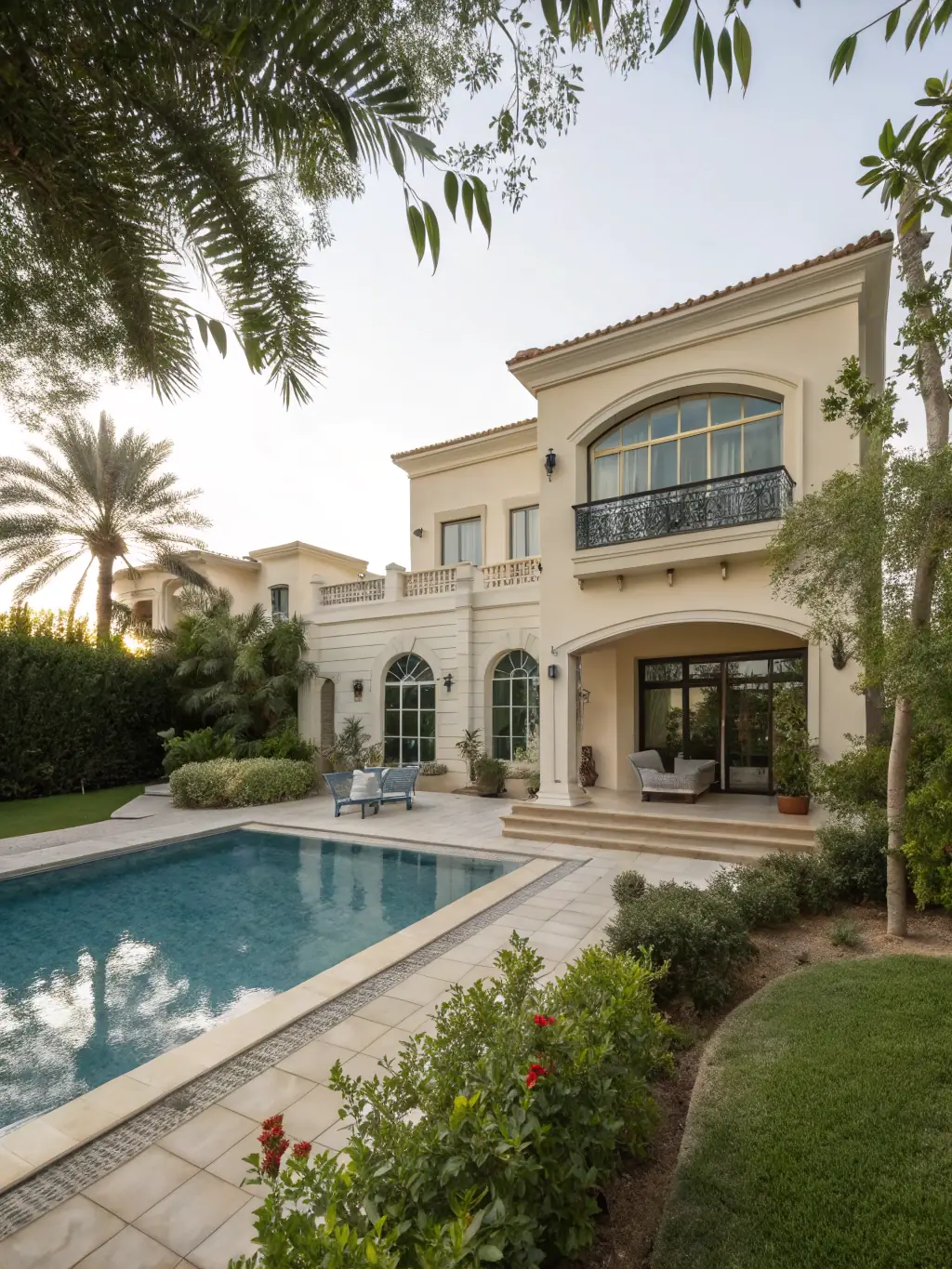 A photograph showcasing a high-end villa with a private pool and waterfront view in Abu Dhabi, highlighting the luxurious lifestyle and investment opportunity.